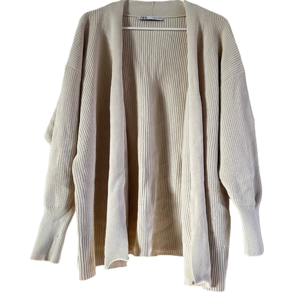Zara Open Cardigan Sweater Cable Knit Oversized Ribbed Trim Cozy Cream Small
